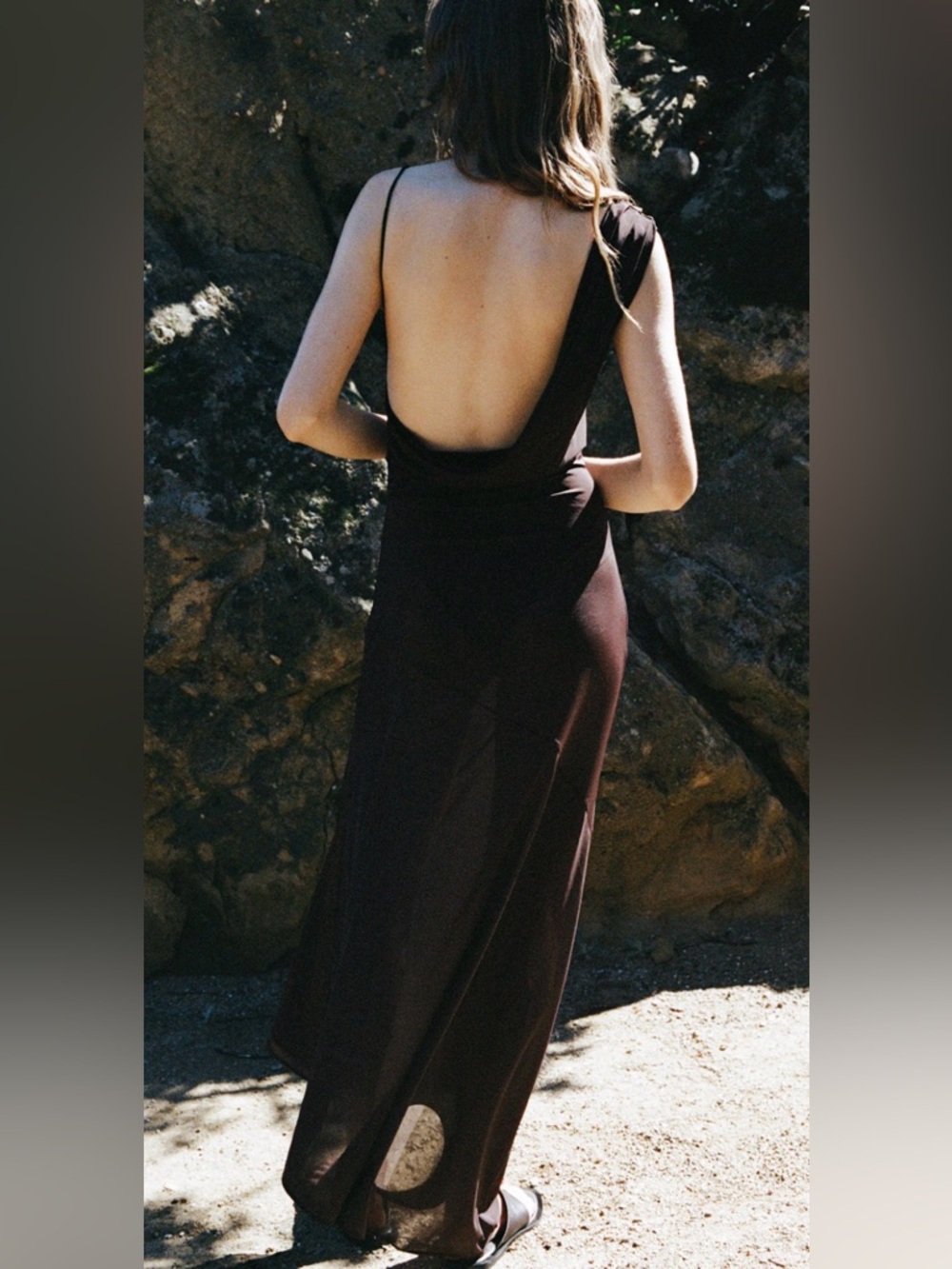 ZARA Chocolate Brown Asymmetrical Draped Strap Maxi Dress w/ Built-In Bodysuit - Picture 4 of 11